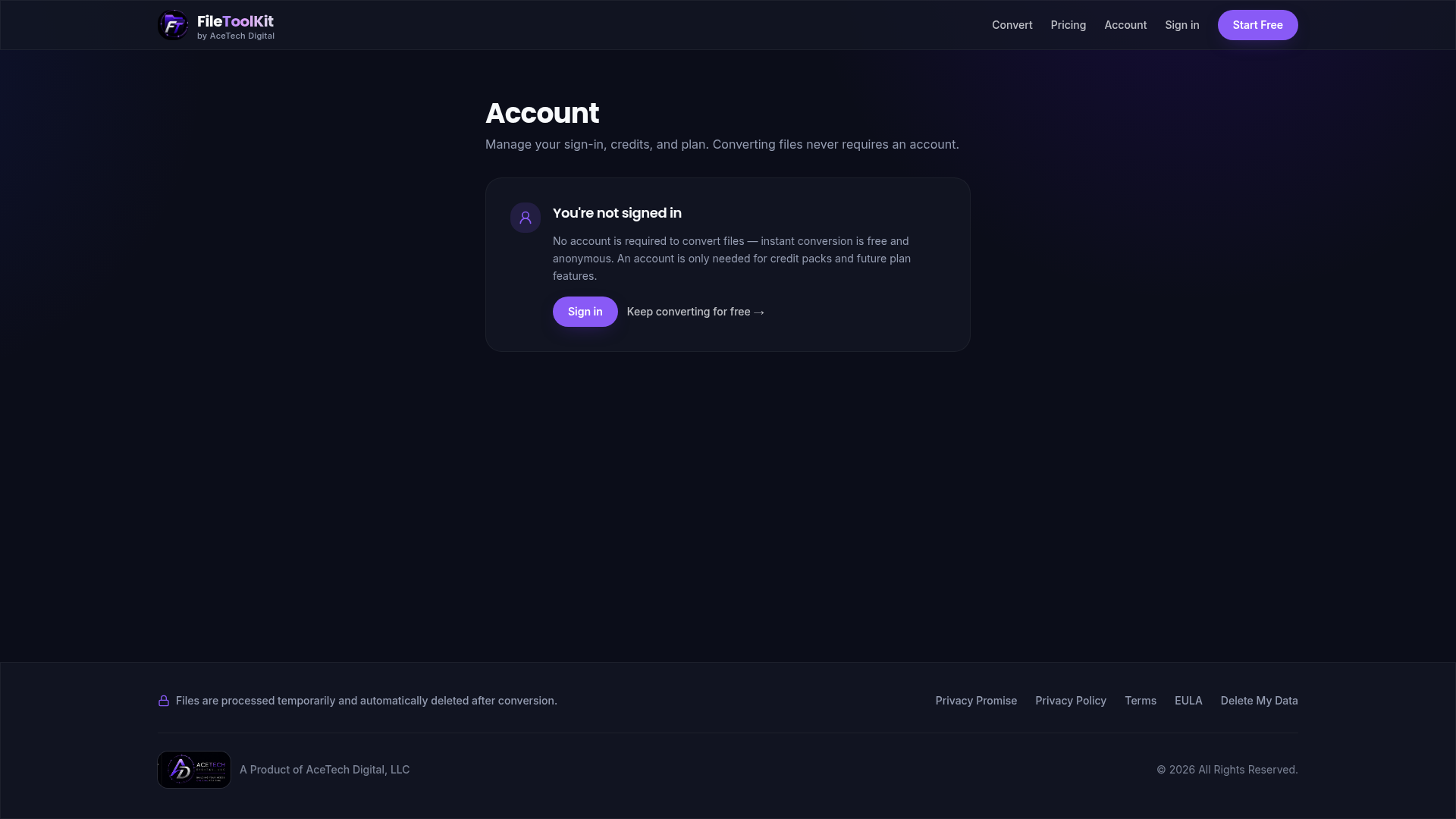 FileToolKit account screen showing sign-in and free conversion options